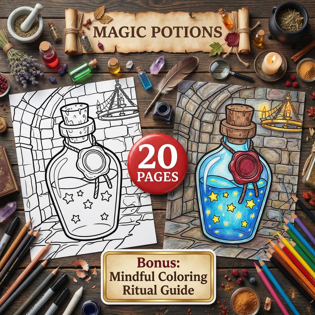 Magic Potions Coloring Pages for Adults, Witchy Alchemy Potion Bottles ...