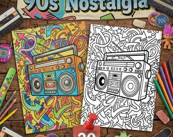 Jaren 90 nostalgie kleurplaten volwassen kleurboek afdrukbare retro Y2K lijntekeningen digitale download pdf png cassette Tamagotchi Game Boy