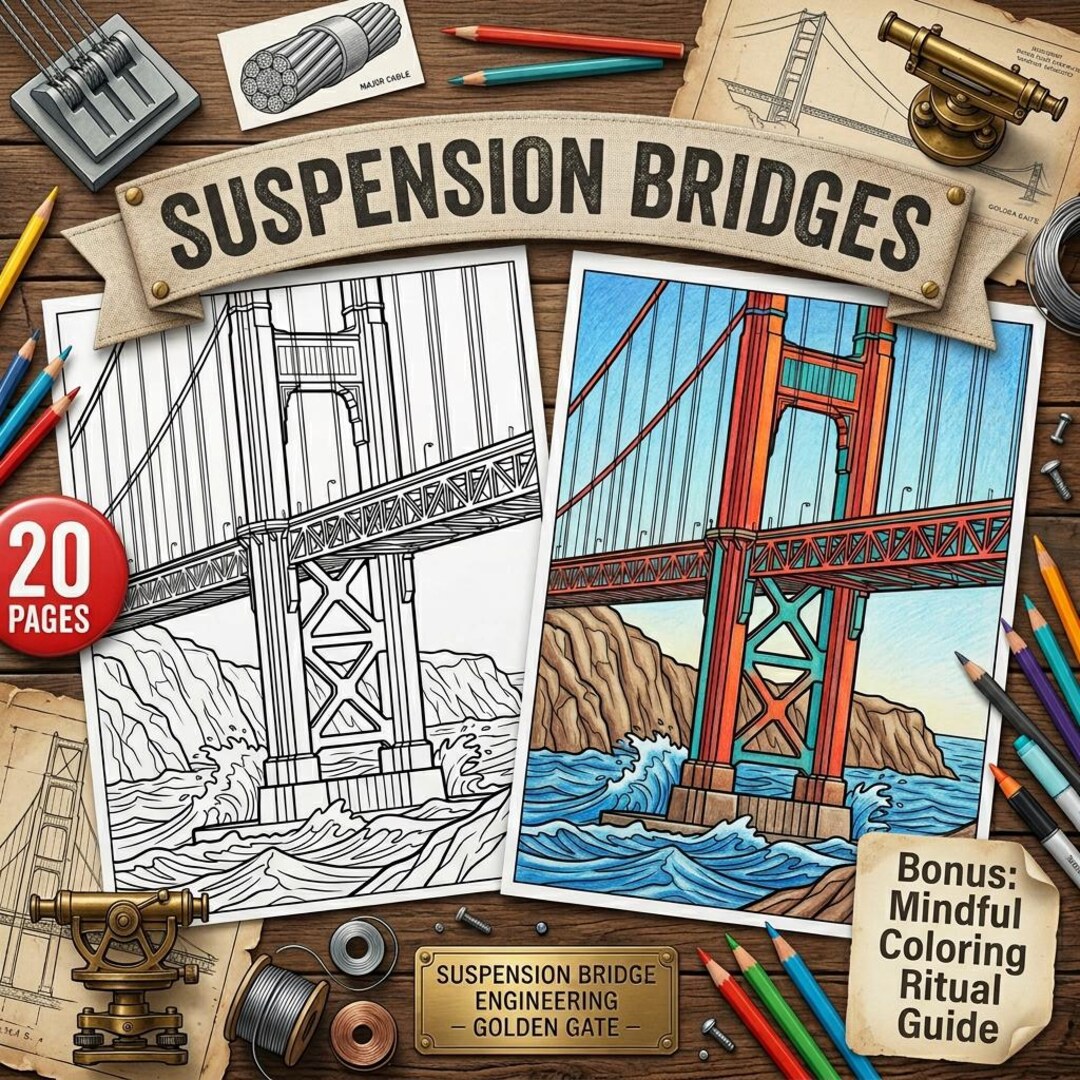 Suspension Bridges Coloring Pages for Adults, 20 Detailed A4 Printable ...
