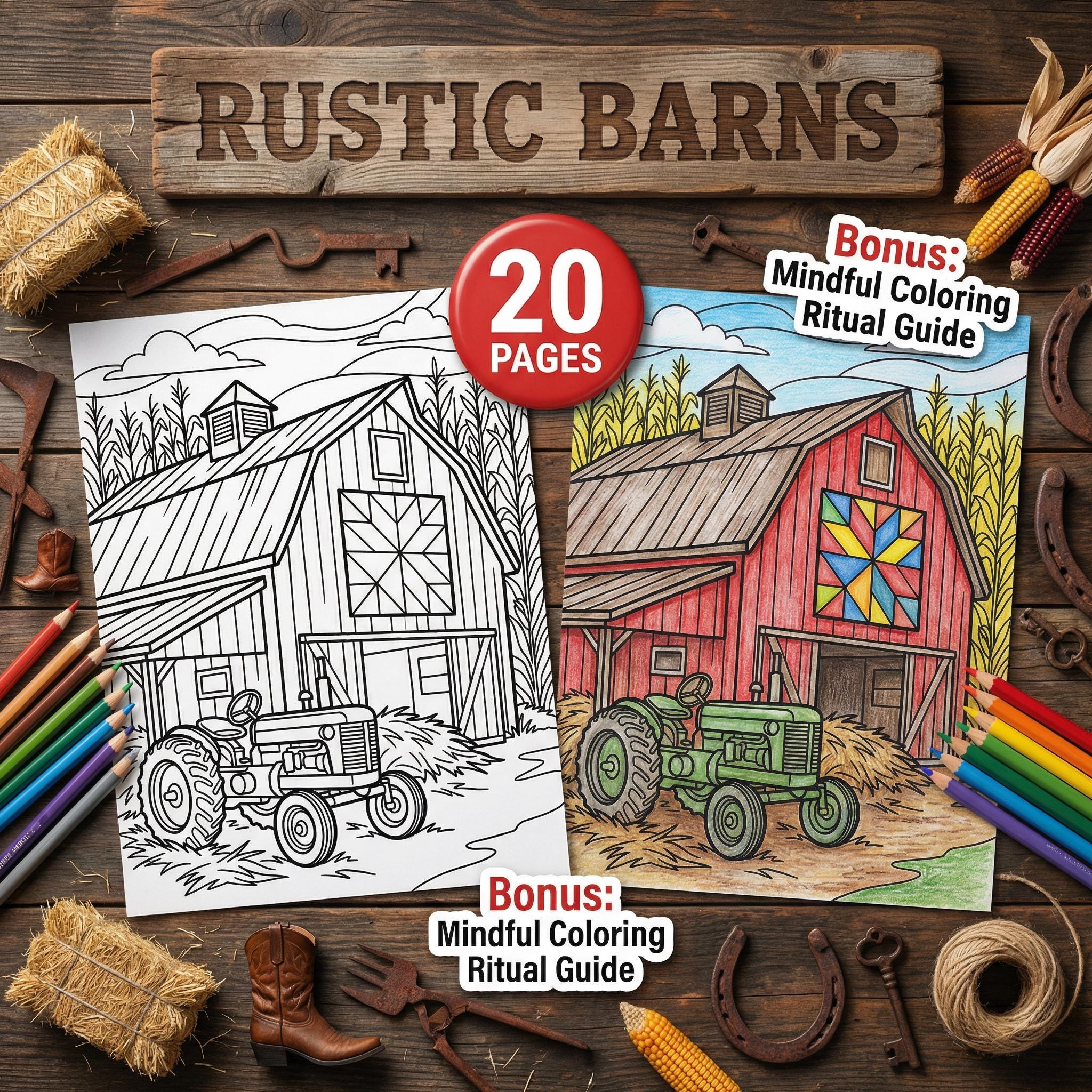 Rustic Barns Coloring Pages for Adults, Country Farm Landscape Coloring ...