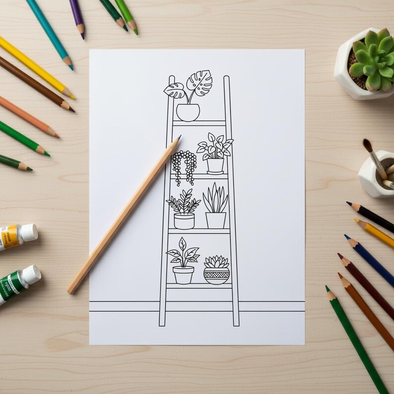 Op de afbeelding: Een zwart-wit lijntekening van een ladderplank met potplanten. Een houten potlood ligt op het papier, omringd door kleurpotloden, verftubes en een kleine vetplant in een witte pot op een licht houten oppervlak.