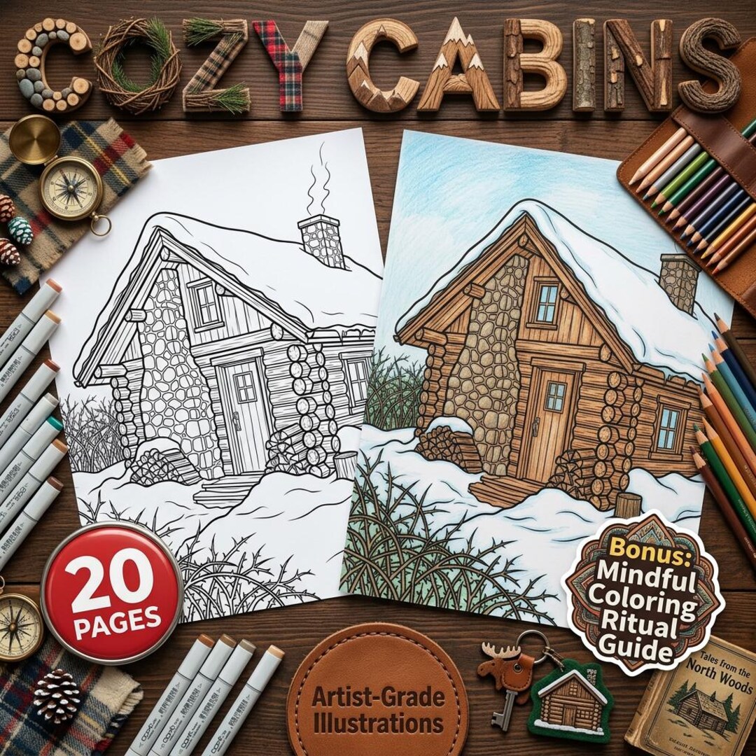 Cozy Cabin Coloring Pages for Adults, 20 A4 Printable PDF Sheets ...