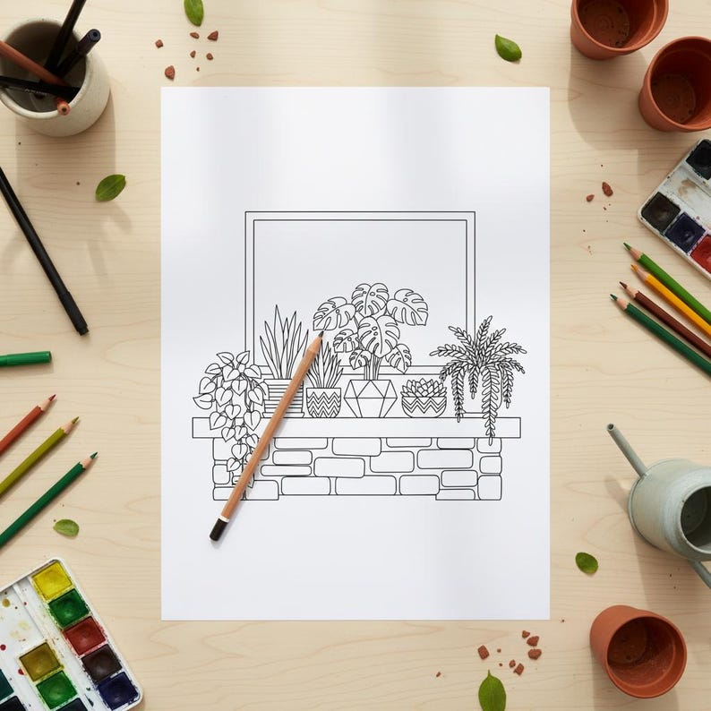 Op de afbeelding: Zwart-wit lijntekening van een schoorsteenmantel met potplanten. Een potlood ligt op de tekening. De tekening staat op een wit vel papier. Kleurpotloden, verf en een gieter liggen verspreid rond het papier.