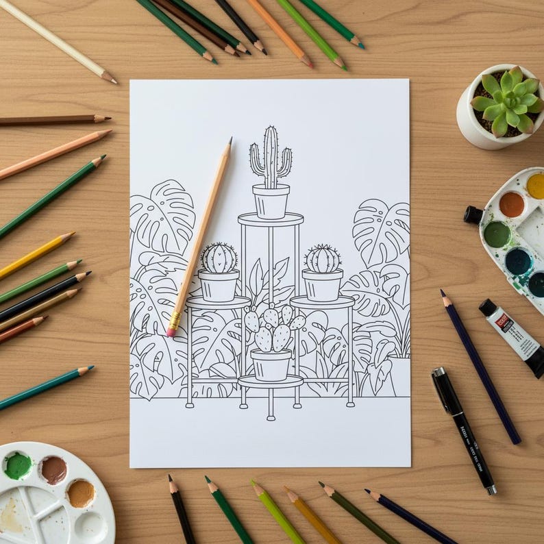 Op de afbeelding: Een kleurplaat met een lijntekening van cactussen in potten op standaards, omringd door bladeren. Een potlood ligt op de pagina, met kleurpotloden, een vetplant en schildersbenodigdheden.