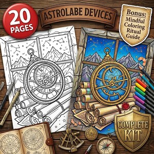 Astrolabe Devices Coloring Pages for Adults, 20 Printable A4 PDF, Vintage Astronomy Instruments, Mindful Coloring Ritual Guide Bonus
