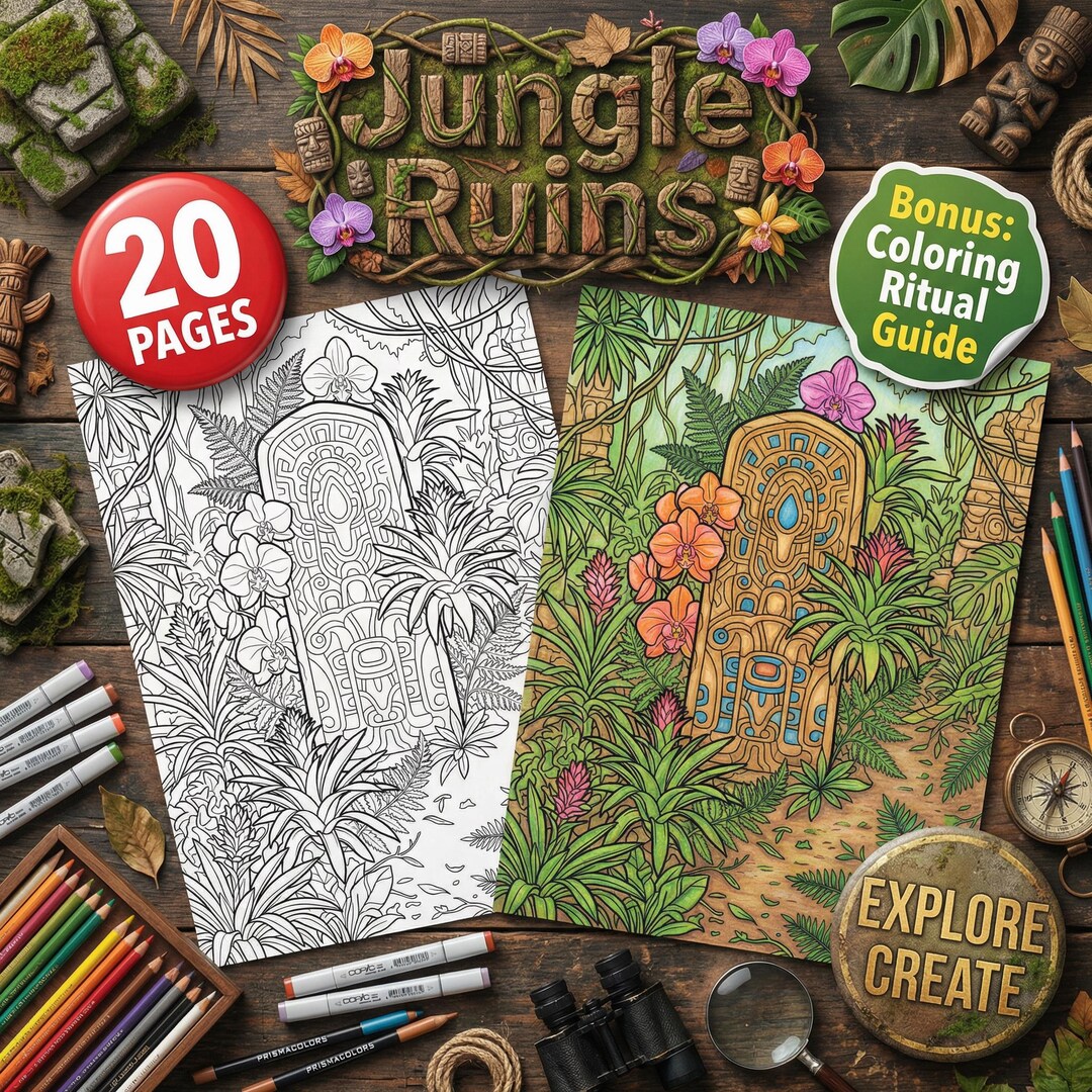 Jungle Ruins Coloring Pages for Adults, Ancient Temple & Lost City ...