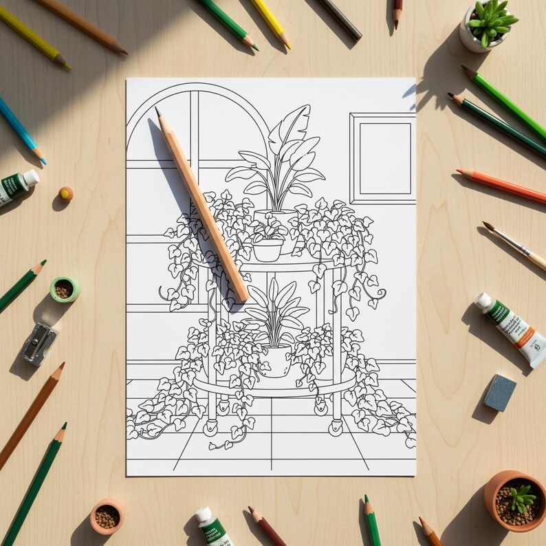 Op de afbeelding: Een zwart-wit kleurplaat met potplanten op een etagewagen, met een raam en een ingelijst kunstwerk op de achtergrond. De sc&egrave;ne is omgeven door kleurpotloden, verftubes en een kleine vetplant in een terracotta pot.