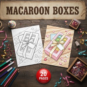 May include: Two illustrations of macaron boxes, one in black and white and the other in color, with a pink box and a yellow ribbon. The text "MACAROON BOXES" is displayed above the illustrations. A red circle with the text "20 PAGES" is also visible.
