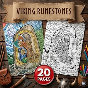 Viking Runestones Coloring Pages for Adults - Norse Mythology, Ancient Runes & Intricate Knotwork Digital Download Collection