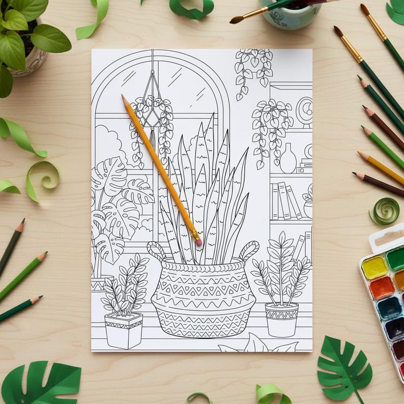Op de afbeelding: Een zwart-wit lijntekening van een kamer met planten, een raam en een potlood. De tekening is omgeven door kunstbenodigdheden, waaronder kleurpotloden, penselen en aquarelverf. Groene papieren uitsparingen zijn verspreid.