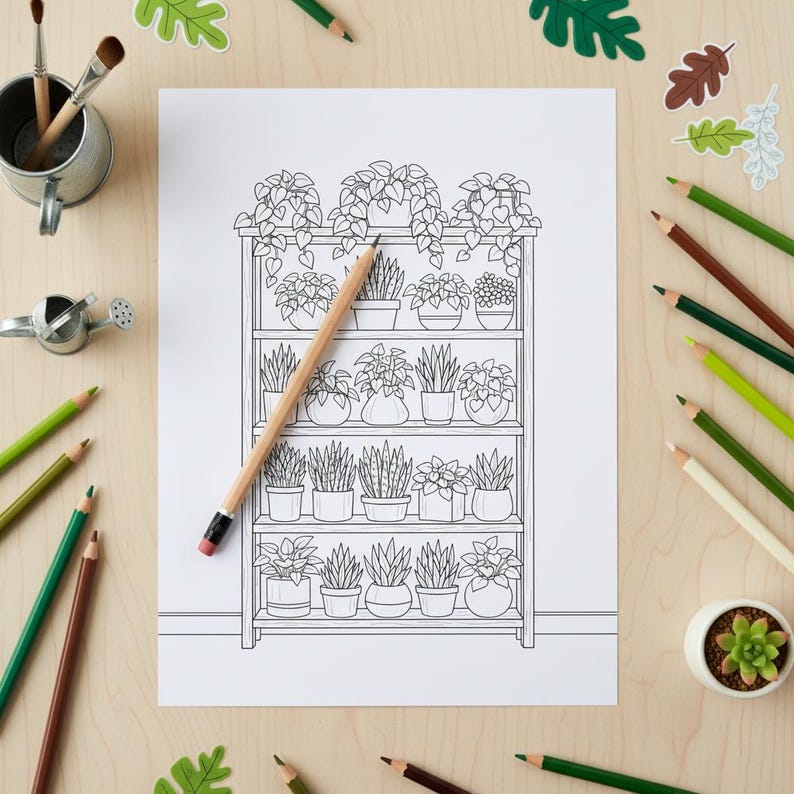 Op de afbeelding: Een zwart-wit lijntekening van een plantenrek met diverse potplanten. Een potlood ligt op de tekening. Groene en bruine kleurpotloden, blad-vormige stickers, een kleine gieter, een kleine metalen emmer met penselen en een kleine potplant zijn verspreid.