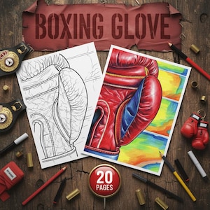 Puede incluir: Dos ilustraciones de guantes de boxeo, una en color y otra en blanco y negro, con el texto "BOXING GLOVE" en la parte superior. La ilustración en color muestra un guante de boxeo rojo y azul. La imagen también incluye lápices, una venda roja y un botón "20 PAGES".