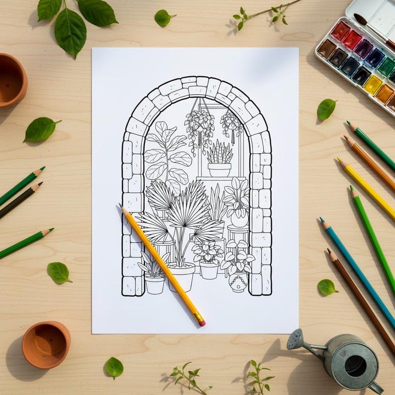 Op de afbeelding: Een zwart-wit lijntekening van een gewelfde deuropening gevuld met potplanten. Een gele potlood ligt op de tekening. De afbeelding is omgeven door kunstbenodigdheden, waaronder kleurpotloden, waterverf en kleine terracotta potten, op een houten oppervlak.