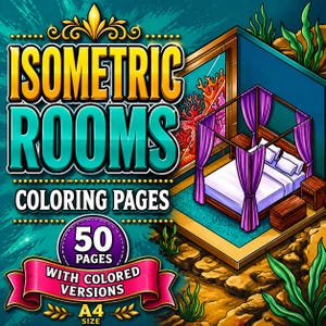 Pode incluir: Uma ilustração digital de páginas para colorir de quartos isométricos com 50 páginas e versões coloridas em tamanho A4. O gráfico mostra um quarto com cama de dossel, cortinas roxas e vista para um recife de coral através da janela.