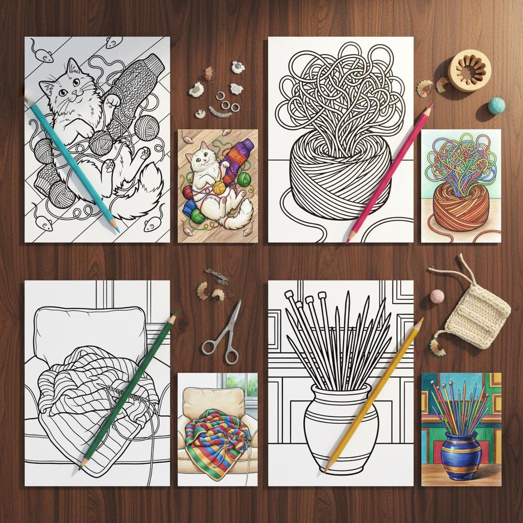 Knitting & Yarn Stash Coloring Pages for Adults, Cozy Craft Supplies ...