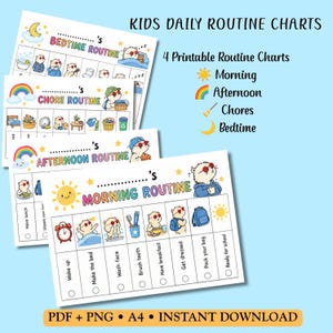 Peut inclure: Quatre tableaux de routine imprimables intitulés Kids Daily Routine Charts, illustrés avec des oursons et des tâches pour le matin, l'après-midi, les corvées et le coucher. Chaque tableau inclut un espace pour un nom, des icônes et des cases à cocher.