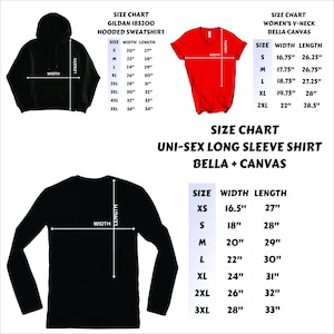 May include: Size charts for various apparel items, including a black hooded sweatshirt, a red V-neck t-shirt, and a black long-sleeve shirt. The charts provide measurements in inches for width and length across different sizes.