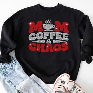 Mom Coffee & Chaos rhinestone t-shirt perfect for casual mom outfits and comfortable everyday wear.