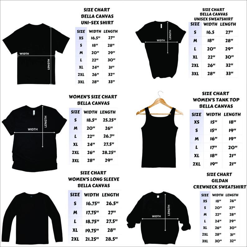 May include: A black clothing size chart with measurements for various shirt styles, including unisex, women's, and crewneck sweatshirts. The chart provides width and length in inches for sizes XS to 3XL.