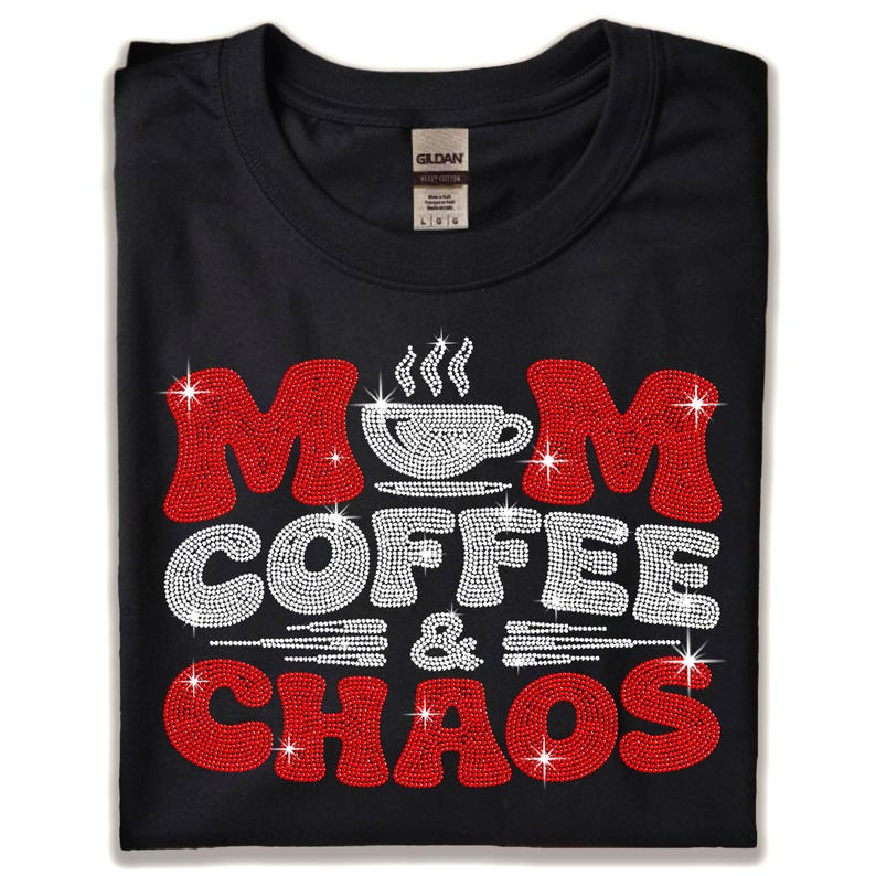 Mom Coffee & Chaos rhinestone shirt featuring sparkling crystal lettering designed for moms who love coffee, humor and stylish mom life apparel.