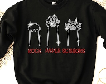 Rock Paper Scissors Cat Rhinestone Shirt, Sparkly Cat Paw Bling Shirt, Funny Cat Lover Gift, Rhinestone Game Day Crewneck