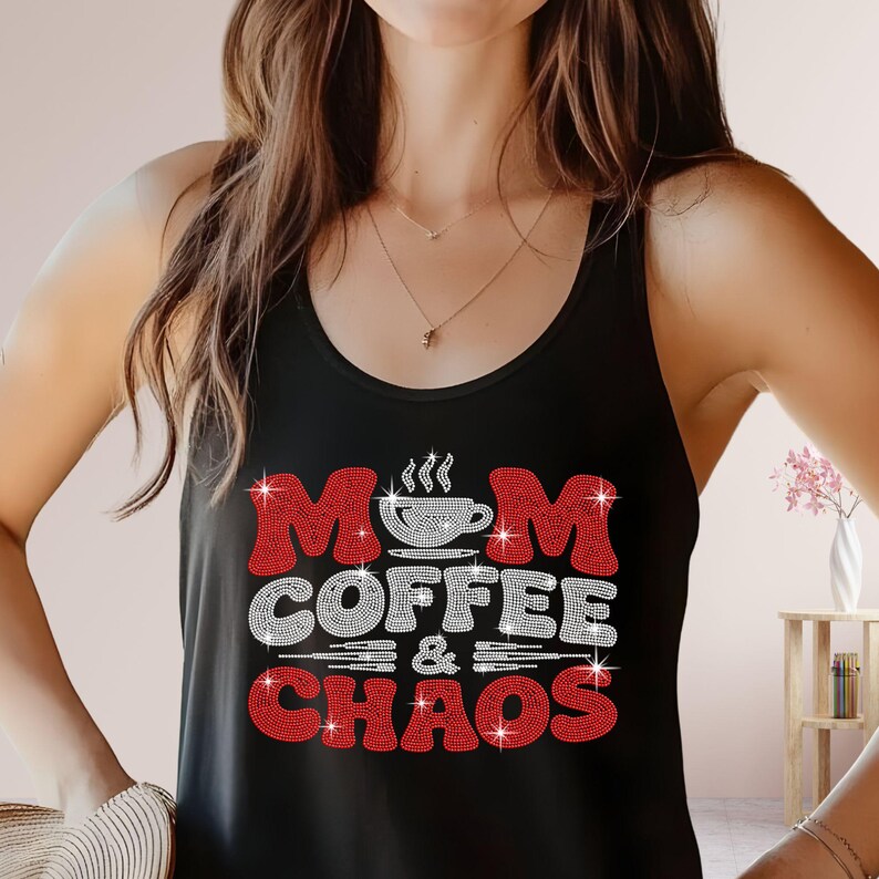 Mom Coffee & Chaos sparkle shirt perfect gift for moms, wives and mothers celebrating motherhood.