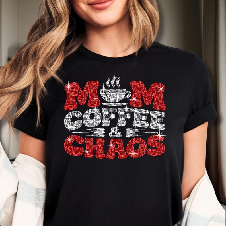Funny motherhood shirt featuring Mom Coffee & Chaos rhinestone design perfect for moms with a sense of humor.