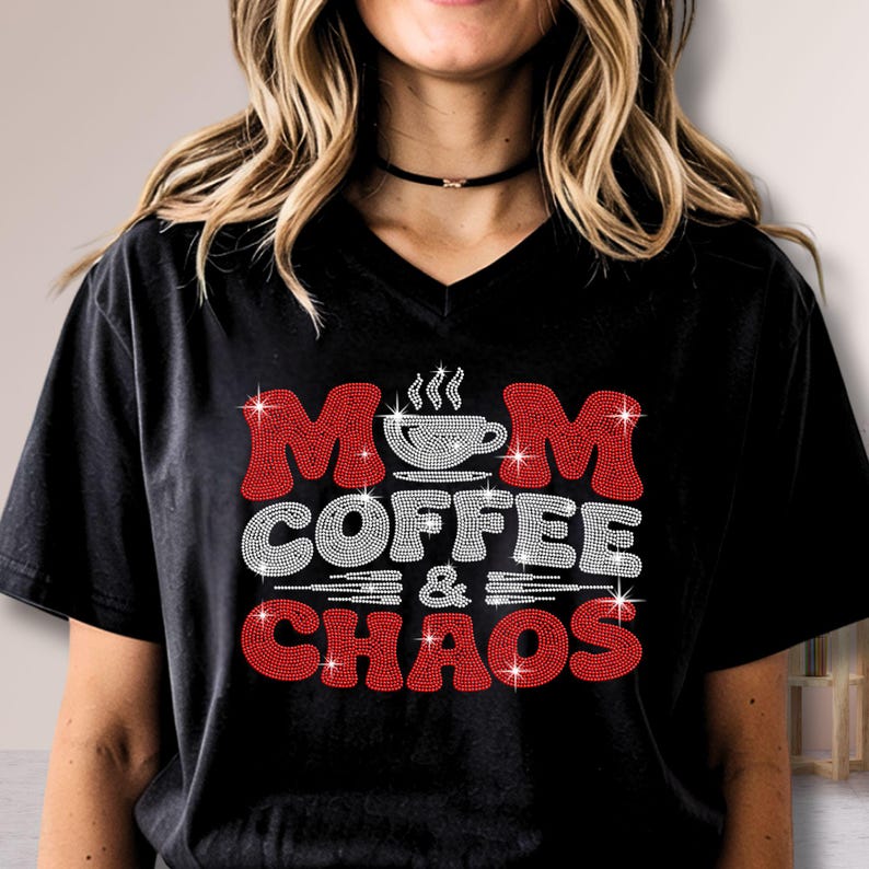 Sparkly Mom Coffee & Chaos mama shirt designed for busy moms balancing motherhood, coffee and everyday chaos.