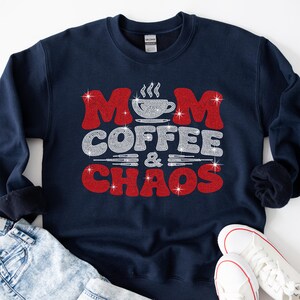 Funny Mom Coffee & Chaos shirt with rhinestone sparkle perfect for everyday mom outfits and coffee loving moms.