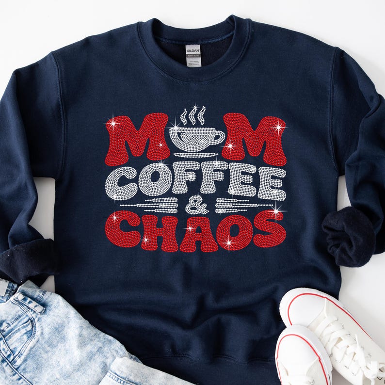 Funny Mom Coffee & Chaos shirt with rhinestone sparkle perfect for everyday mom outfits and coffee loving moms.