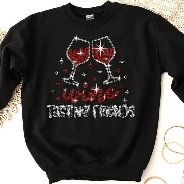 Wine Night Rhinestone Shirt – Unique Gift for Mom, Wine Tasting Friends Shirt, Sparkly Wine Lover Top, Girls Night Out Cozy Bling Shirt