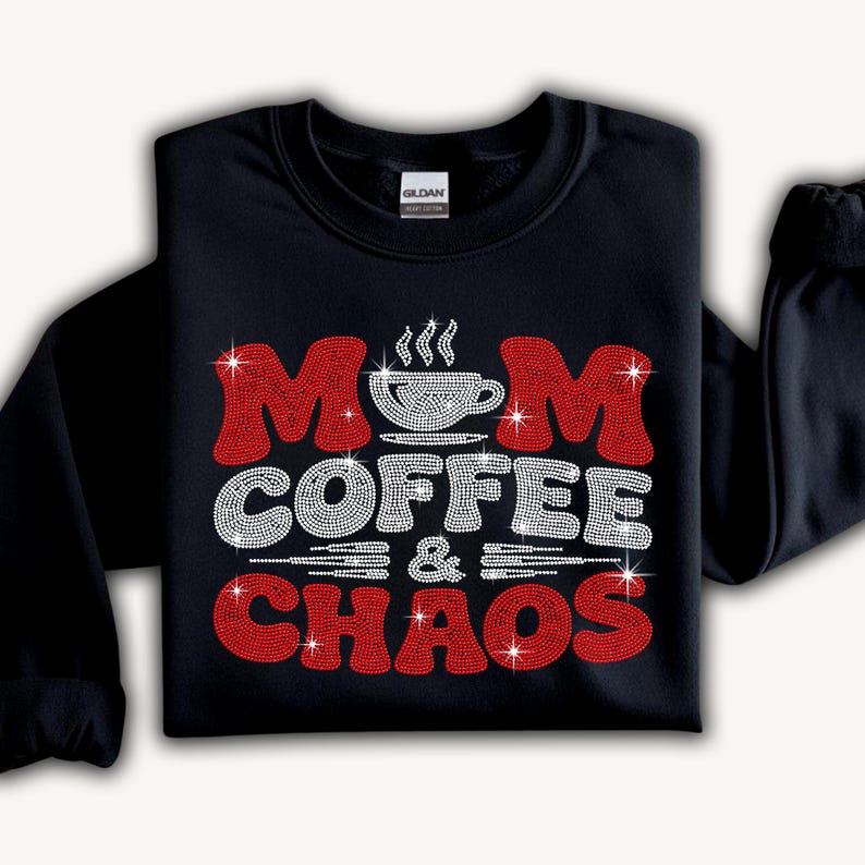 Mom Coffee & Chaos rhinestone mom life shirt designed for moms who proudly embrace the chaos of raising kids.