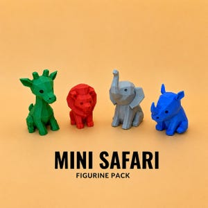 May include: A set of four low-poly animal figurines including a green giraffe, a red lion, a grey elephant, and a blue rhinoceros. The text MINI SAFARI FIGURINE PACK is printed in black below the figures on a solid light orange background.