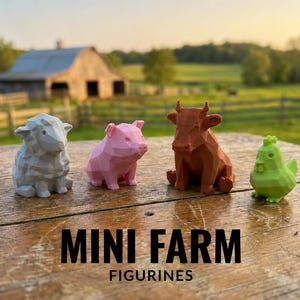 May include: Four low-poly animal figurines including a grey sheep, a pink pig, a brown cow, and a lime green chicken. The text MINI FARM FIGURINES is printed in black at the bottom centre of the image, arranged in two lines of bold sans-serif font.