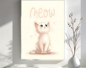 Entzückende weiße Katze Wandkunst, niedlicher minimalistischer Tierdruck, Katzenliebhaber Geschenke, Kawaii Poster, digitaler Download