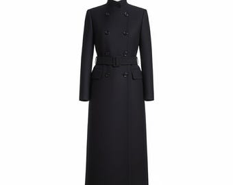 Gabardina negra de lana hecha a mano para mujer con cinturón, abrigo formal minimalista cruzado.