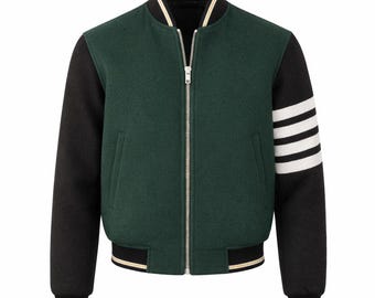 Handmade Green & Black Varsity Jacket, Classic Zip-Up Letterman Jacket, Casual Outerwear