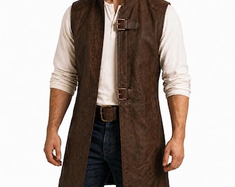 Chaleco largo de cuero marrón para hombre, hecho a mano, estilo gótico steampunk medieval, atuendo renacentista.