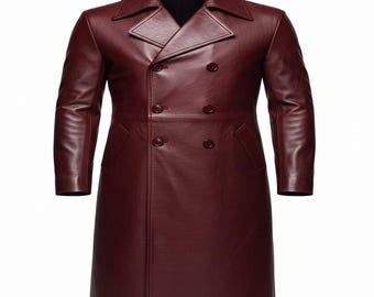Handgjord läderröd trenchcoat för män, dubbelknäppt elegant statementkappa