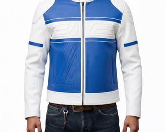 Handgefertigte Leder Herren Blue & White Biker Style Jacke, Herren Racing Oberbekleidung