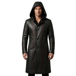 Gabardina con capucha para hombre, de cuero negro y marrón, hecha a mano, estilo gótico steampunk con cierre de palanca. Prenda de abrigo de lujo.