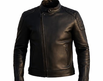 Handmade Leather Men’s Black Slim Fit Biker Jacket, Zip-Up Stand Collar Jacket