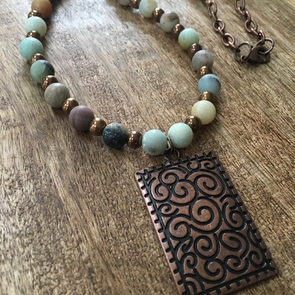 JLCAN67 Amazonite Necklace, Boho, Gemstone Bead, Long Necklace, Tibetan, Hippie Style, Chic, Antique Copper, Jasper, Tibetan, mSs Designs