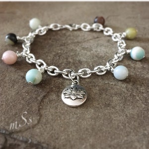 Amazonite Charm Bracelet, Lotus Flower, Beaded, Silver Plated Chain Link, 7.5 inches long, Zen, Yoga Style, Boho Chic, mSs Designs, Gemstone image 1