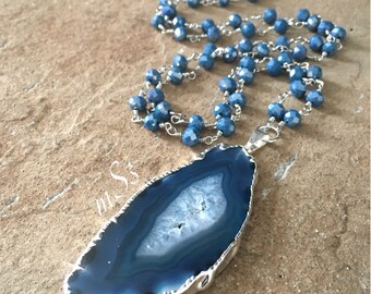 Blue Agate Slice Pendant Necklace - 31" Long Sapphire Blue Glass Beaded Silver Chain -Boho Chic-Bohemian- Handmade Jewelry-mSs - Gemstone