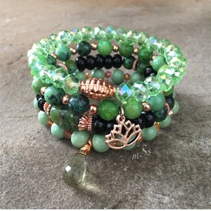 Gemstone Bracelets-Beaded-Bracelet Set-Stretch-Boho Jewelry-Green-Black-Rose Gold-Lotus Flower Charm-mSs-Boho Chic-Agate-Jasper-Crystals image 1