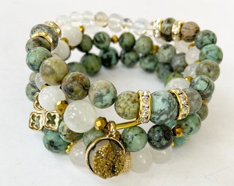 African Turquoise, Quartz and Moonstone Gemstone Bracelet Set of Four Stretch by mSs Designs Boho Chic