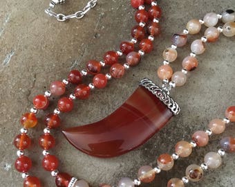 Agate Horn Pendant Necklace-36"Long-Brown-Boho Chic-Silver Accents-Bohemian Style- Fashion Gemstone Beaded Jewelry-mSs-Handmade