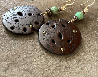 Leather Medallion Pierced Dangle Earrings with Gemstone Bead Focal