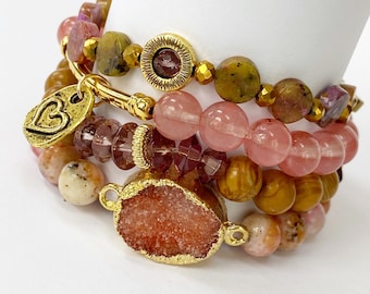 Pink Rhodonite, Rose Quartz and Jasper Gemstone w/Druzy Focal Bracelet Set of Four Stretch by mSs Designs Boho Chic